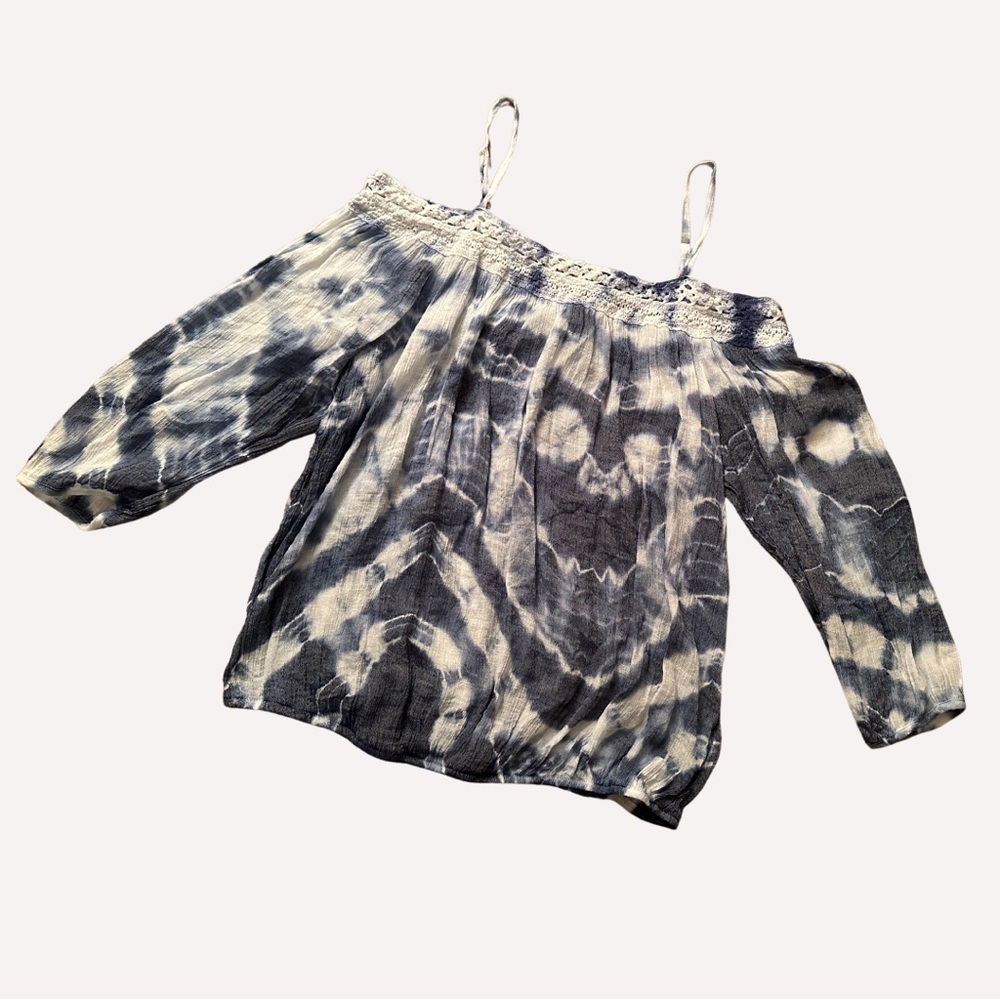 bcx tie dye off shoulder blue and white long sleeve top
